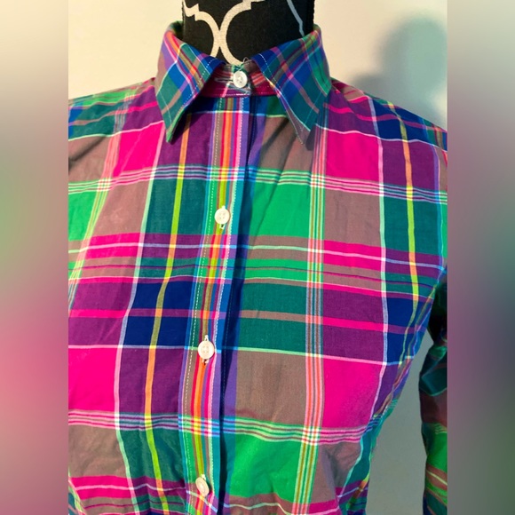 EUC Chaps Pink and Green Plaid Button Down Shirt size petite small - Picture 2 of 4